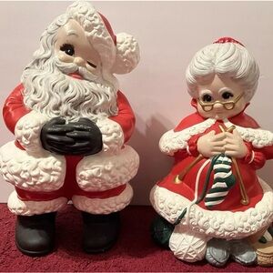 Vintage Mr and Mrs Santa Claus Atlantic Mold Ceramic Figures Large 14” Red Gray